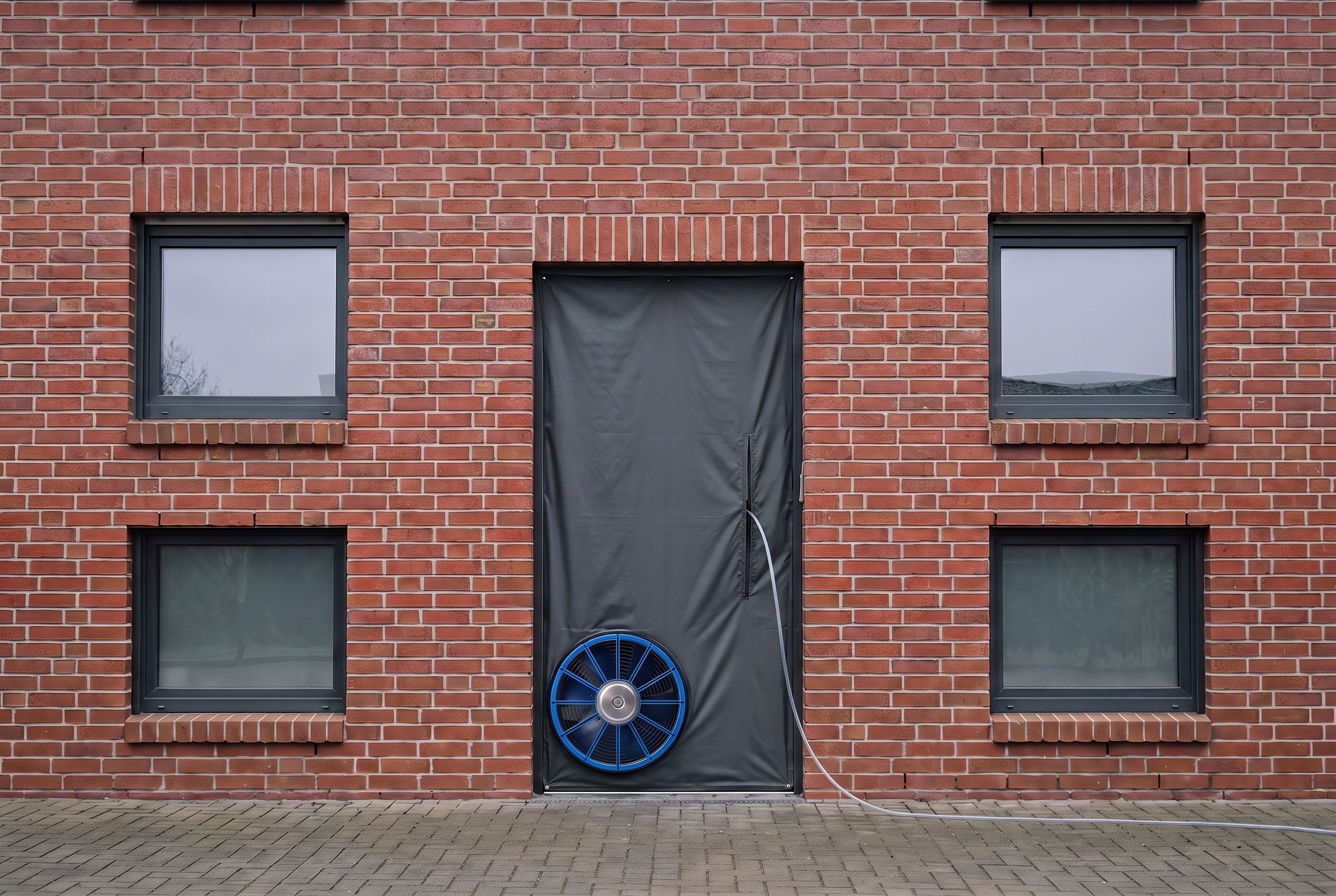 Blower-Door-Messung von außen: Die Haustür einer Klinkerfassade ist mit grauer Abdichtfolie verschlossen, unten links ragt die Rückseite des Messgebläses durch die Folie, ein dünner Messschlauch führt durch den geschlossenen Reißverschluss nach außen; alle Fenster sind geschlossen.