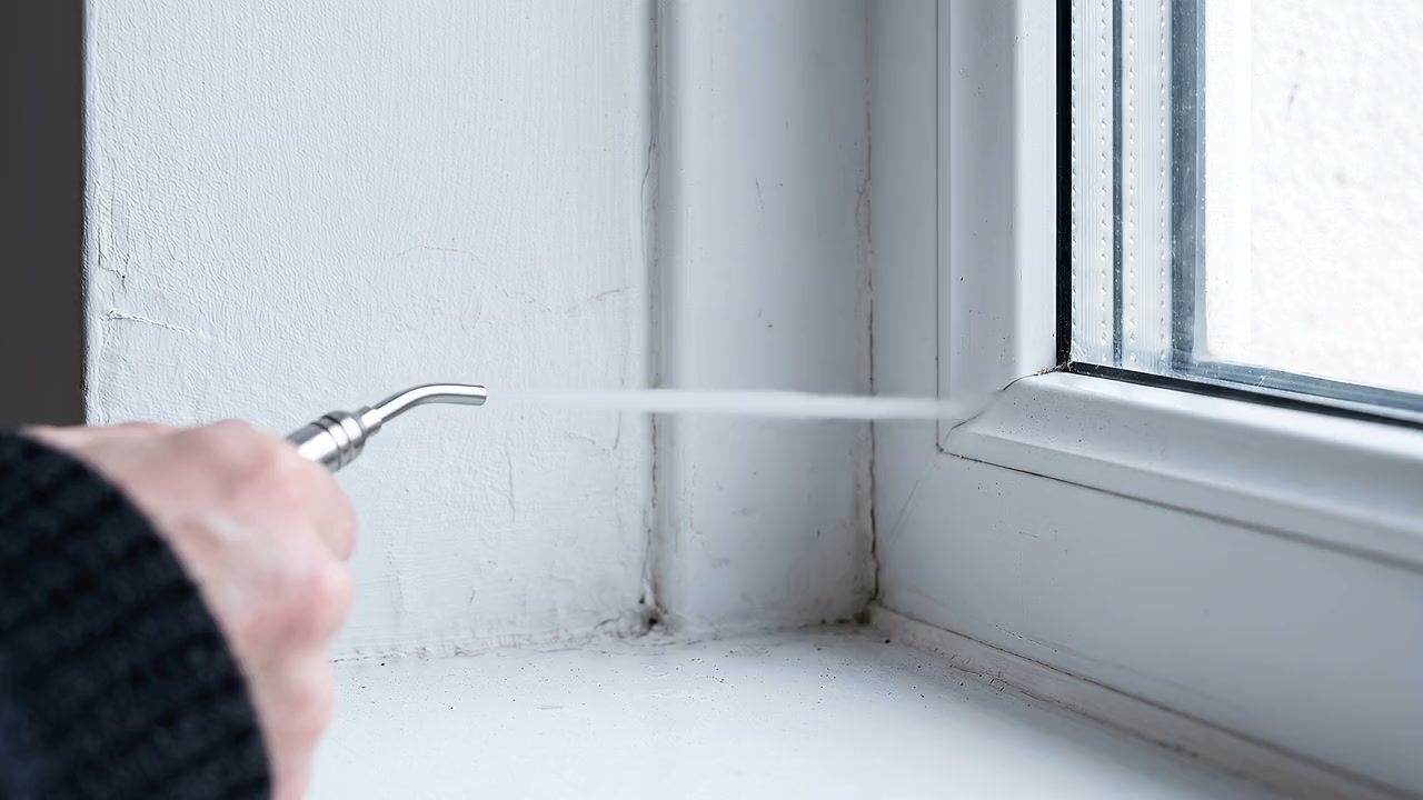 Leckageortung bei Überdruck: Der Rauchfaden eines Rauchstifts wird in die Fuge zwischen Fensterflügel und Rahmen gezogen und macht die undichte Stelle sichtbar.